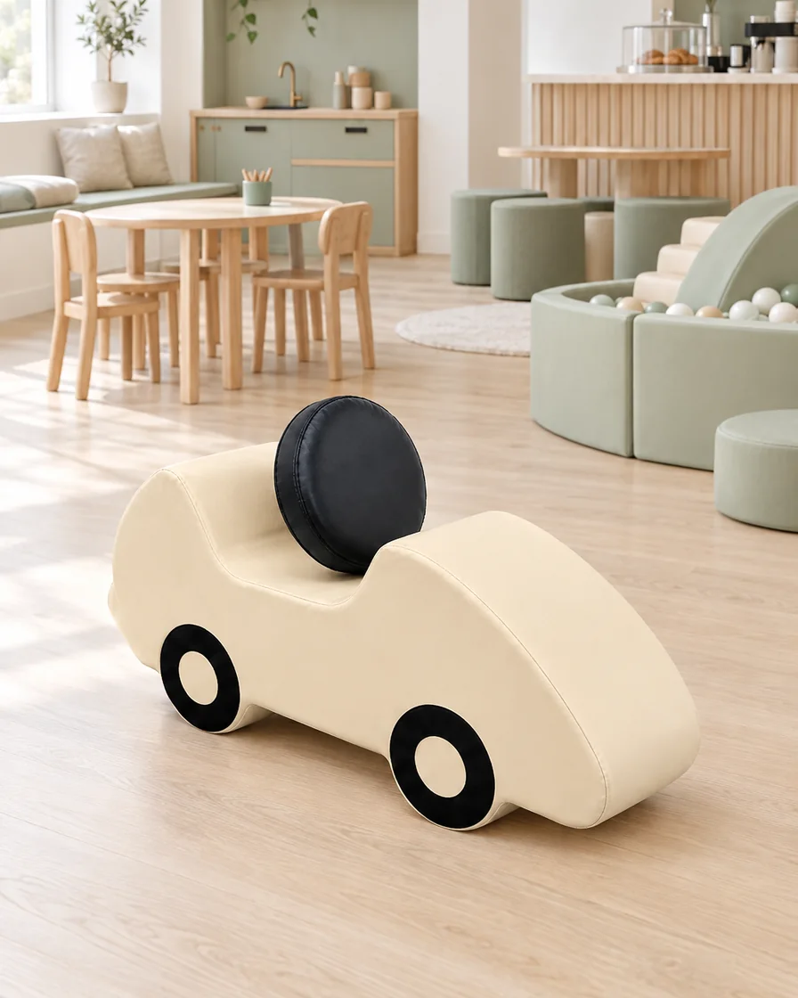 PlayCurator Soft Play Foam Car — Beige & Black 1 Beige & Black soft Play Foam Car in a Scandinavian soft play cafe indoor playground