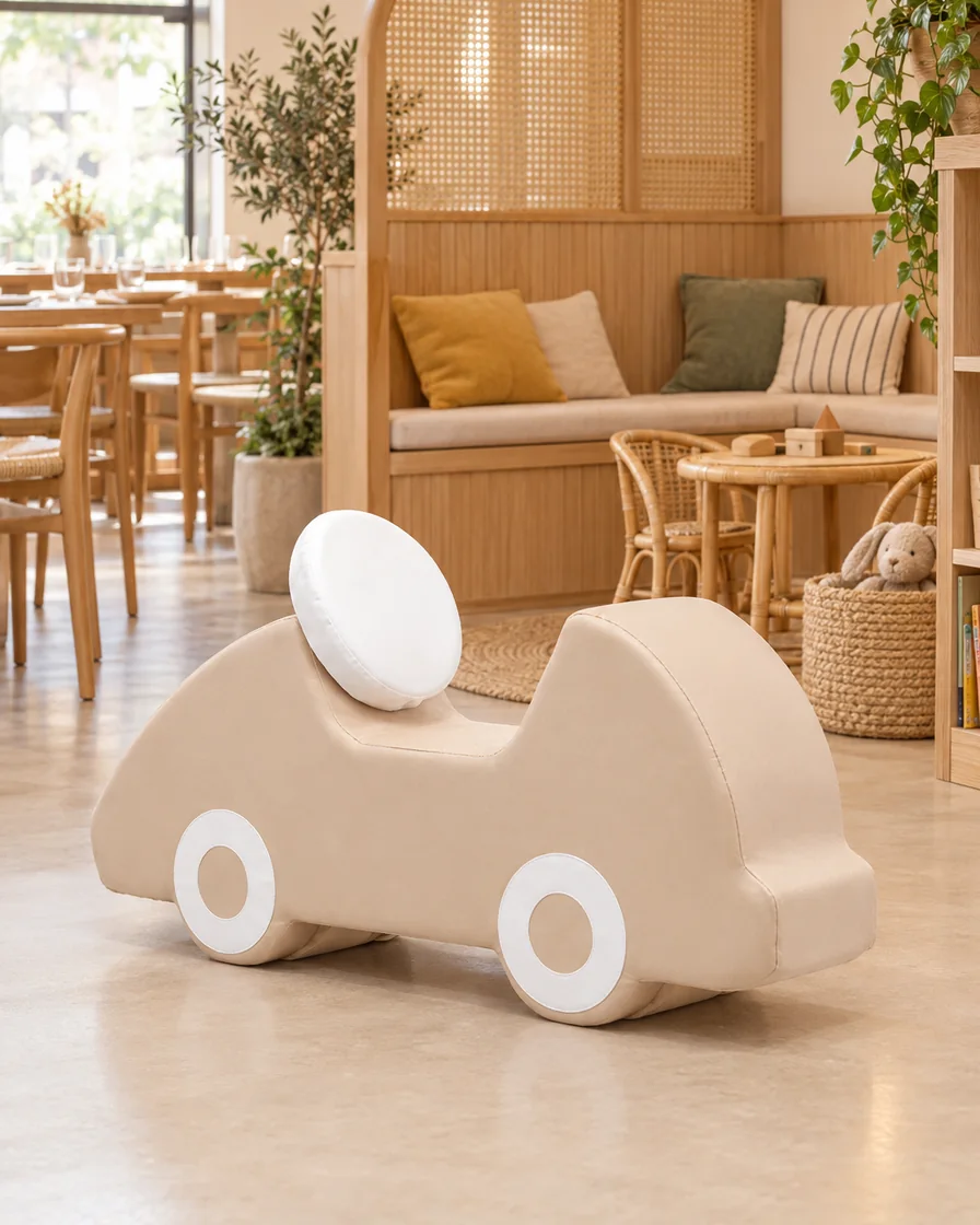 PlayCurator Soft Play Foam Car — Beige & White 1 Beige & White soft Play Foam Car in a restaurant kids corner indoor playground
