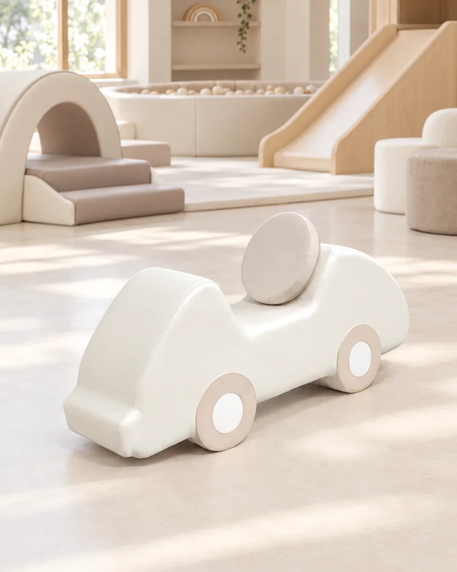 PlayCurator Soft Play Foam Car — Ivory & Beige 1 Ivory & Beige soft Play Foam Car in a soft play center indoor playground
