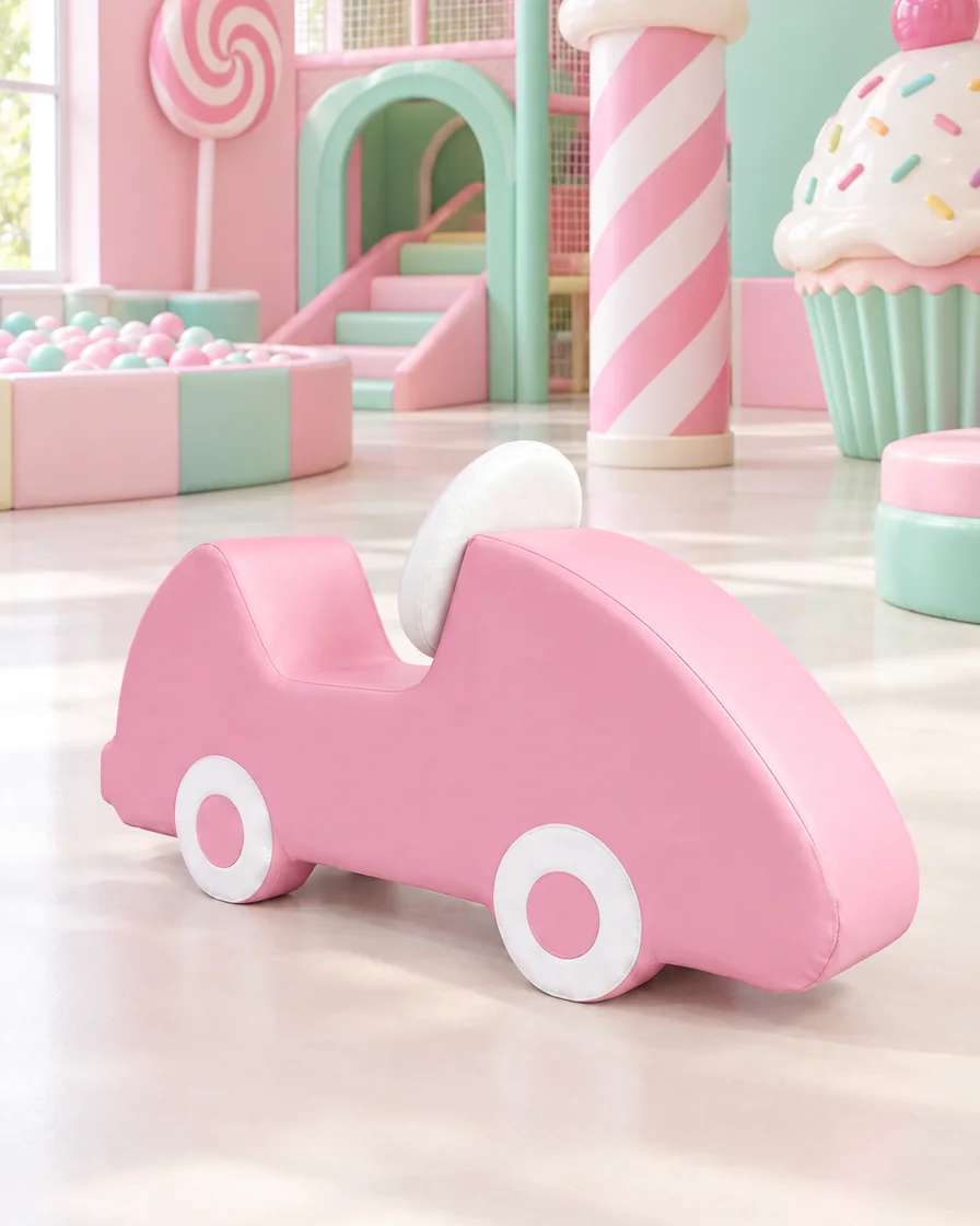 Pink & White soft Play Foam Car in a candy theme indoor playground