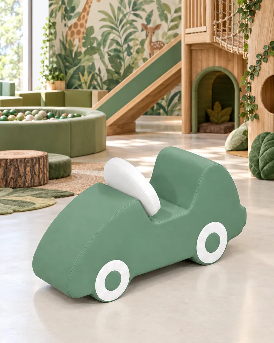Sage Green & White soft Play Foam Car in a jungle theme indoor playground