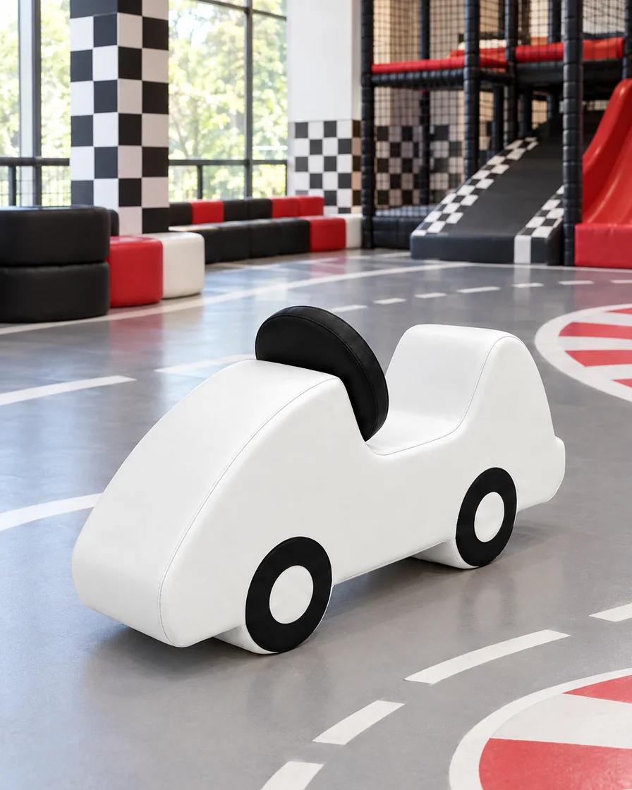 PlayCurator Soft Play Foam Car — White & Black 1 White & Black soft Play Foam Car in a racing theme zone indoor playground