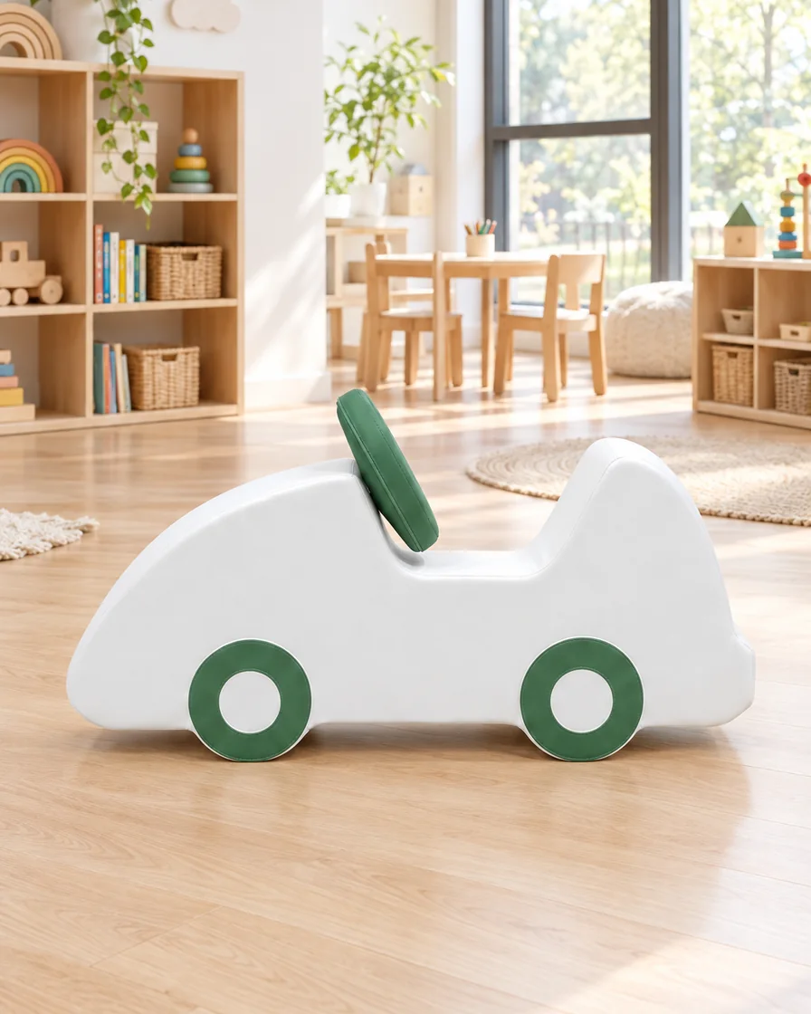 White & Green soft Play Foam Car in a kindergarten playroom indoor playground