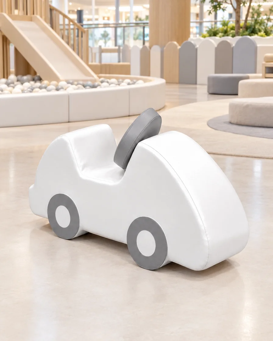 White & Grey soft Play Foam Car in a mall play zone indoor playground