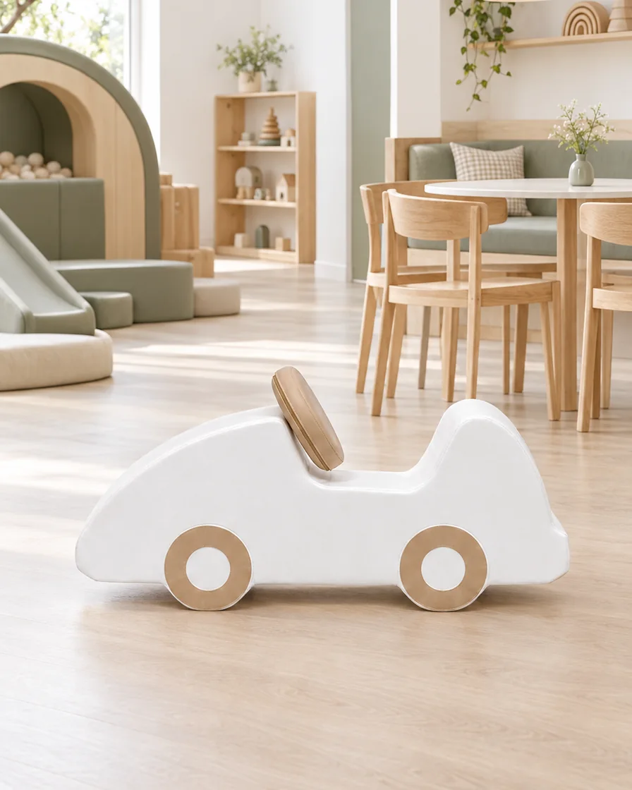 White & Tan soft Play Foam Car in a Scandinavian soft play cafe indoor playground