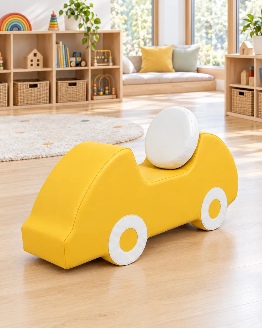 PlayCurator Soft Play Foam Car — Yellow & White 1 Yellow & White soft Play Foam Car in a kindergarten playroom indoor playground