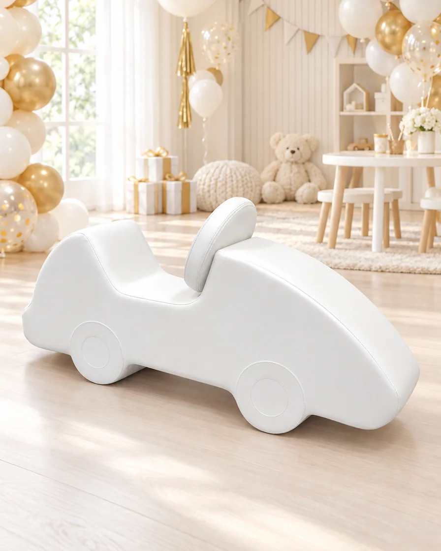 White soft Play Foam Race Car in a kids party room indoor playground