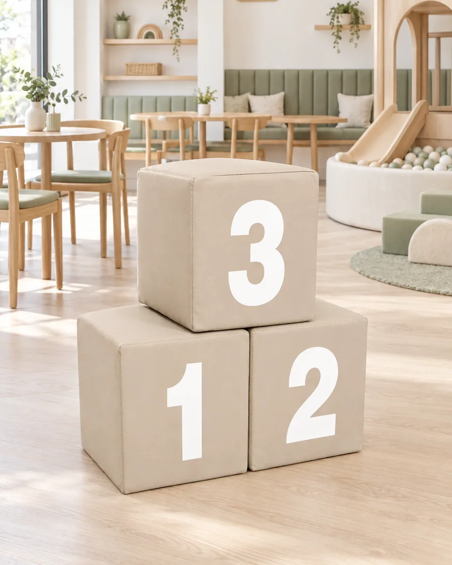PlayCurator Soft Play Number Block — Beige 1 Beige soft Play Number Block in a Scandinavian soft play cafe indoor playground