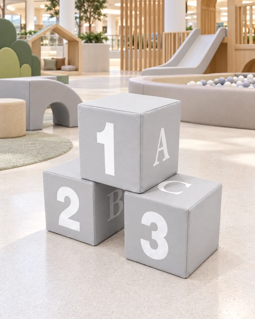 Grey soft Play Number & Letter Block in a mall play zone indoor playground