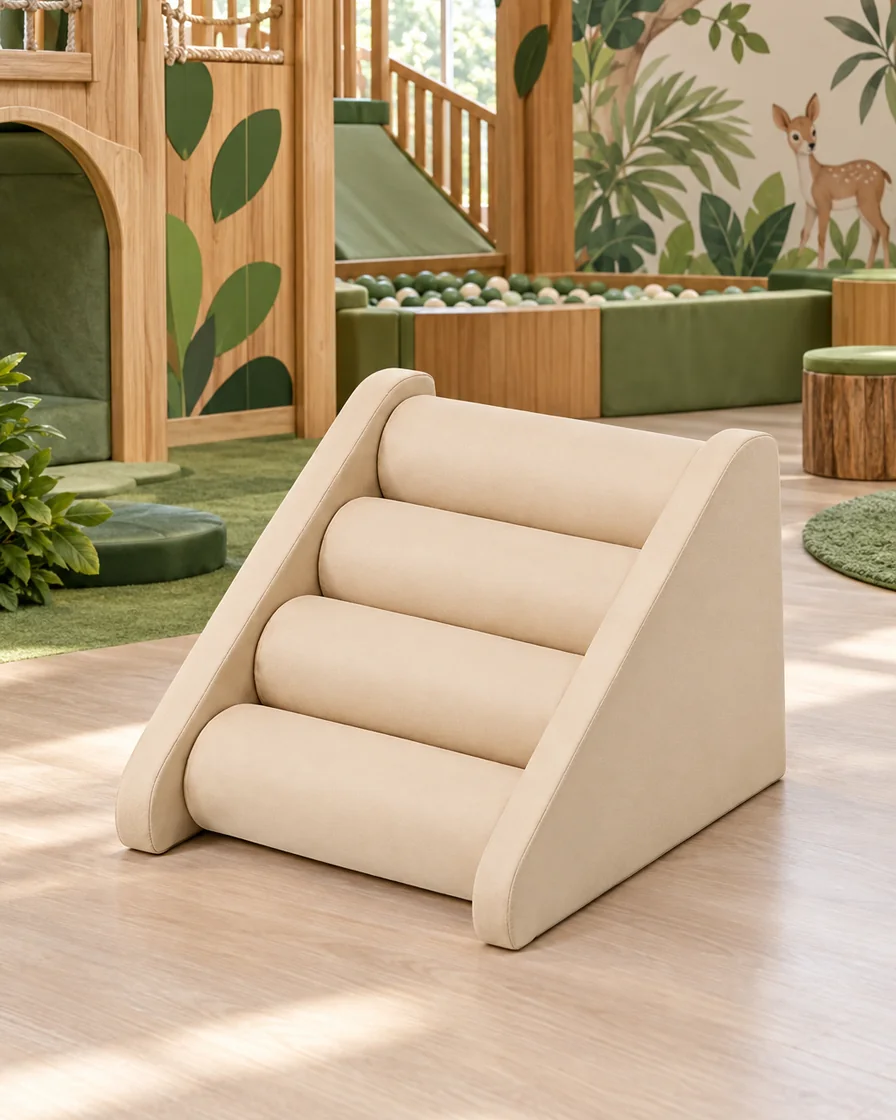 PlayCurator Soft Play Ramp & Roller Step Wedge — Beige, Sage & White 1 Beige, Sage & White soft Play Ramp & Roller Step Wedge in a jungle theme indoor playground