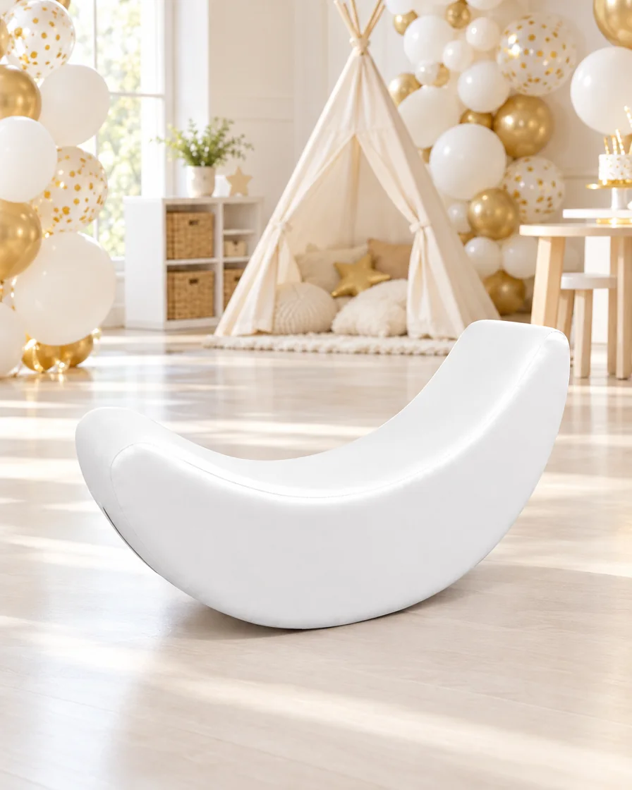 White soft Play Rocker Board in a kids party room indoor playground