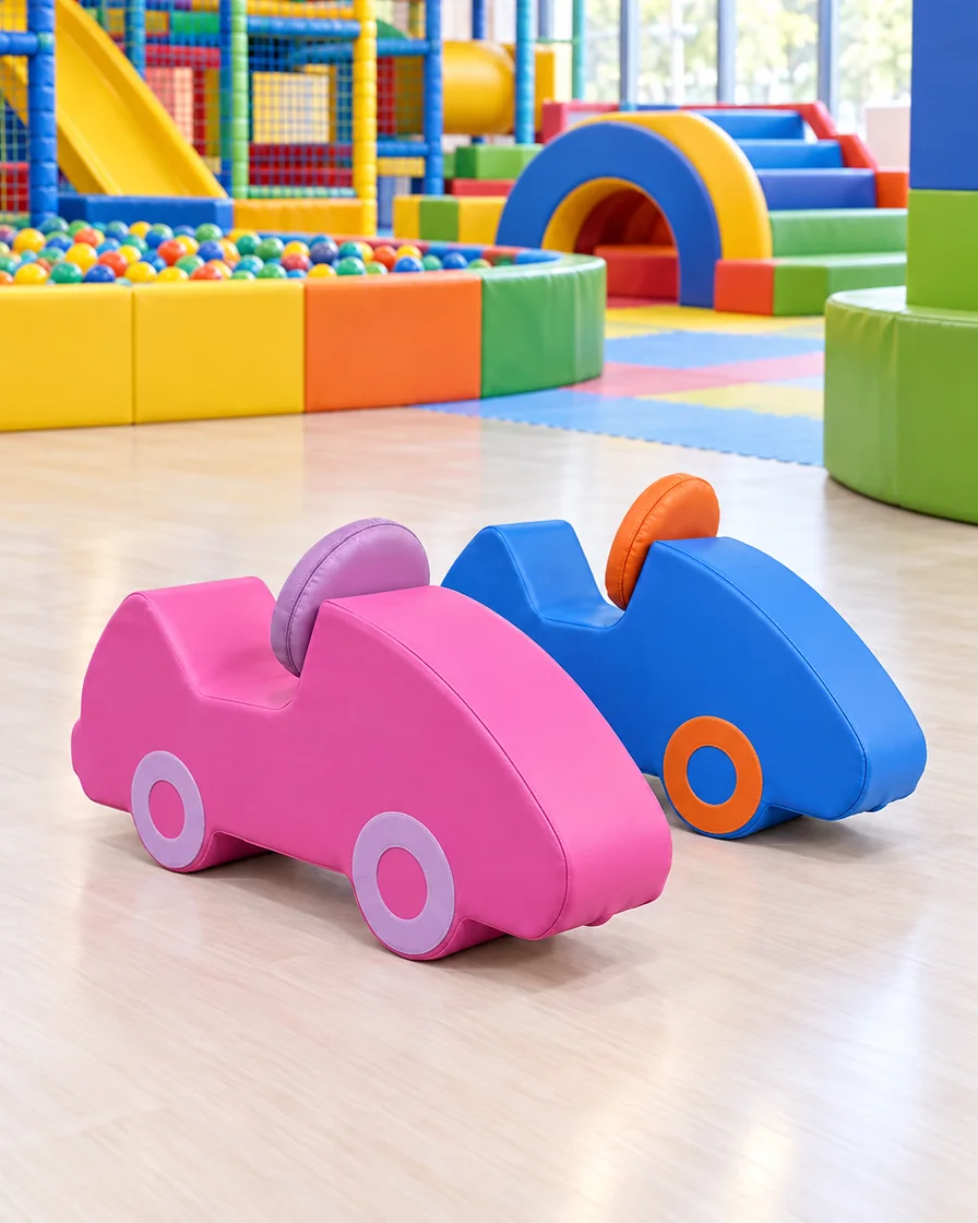 Blue & Pink soft Play Rocking Car in a family entertainment center indoor playground
