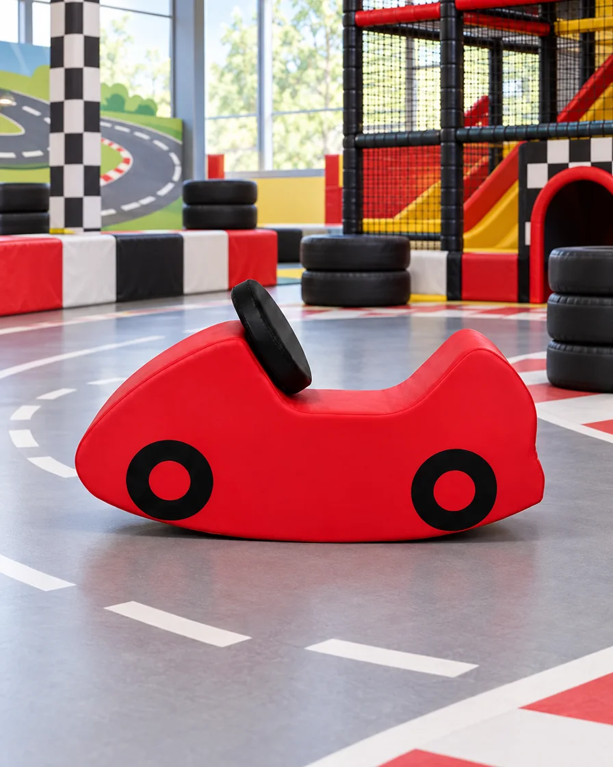 PlayCurator Soft Play Rocking Car — Red 1 Red soft Play Rocking Car in a racing theme zone indoor playground