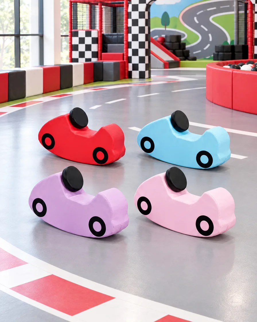 PlayCurator Soft Play Rocking Car — Sky Blue, Red, Pink & Lilac 1 Sky Blue, Red, Pink & Lilac soft Play Rocking Car in a racing theme zone indoor playground