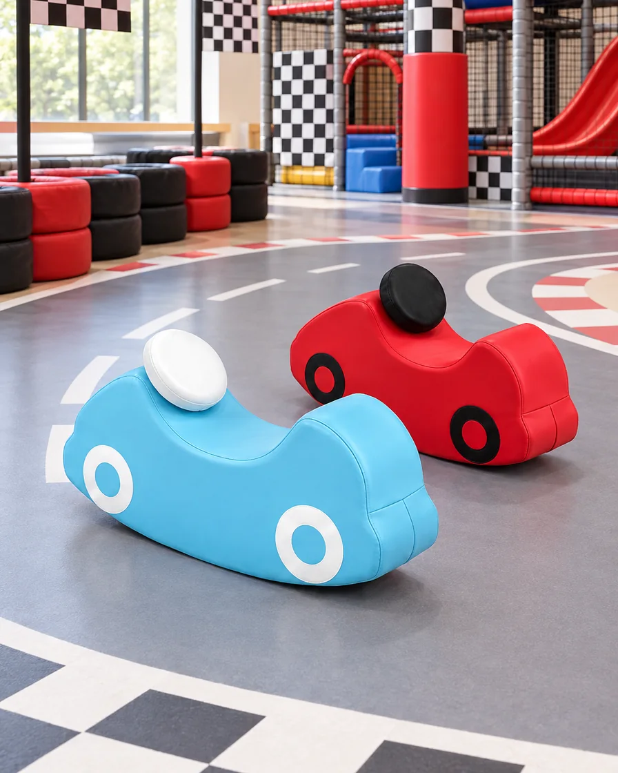PlayCurator Soft Play Rocking Car — Sky Blue & Red 1 Sky Blue & Red soft Play Rocking Car in a racing theme zone indoor playground