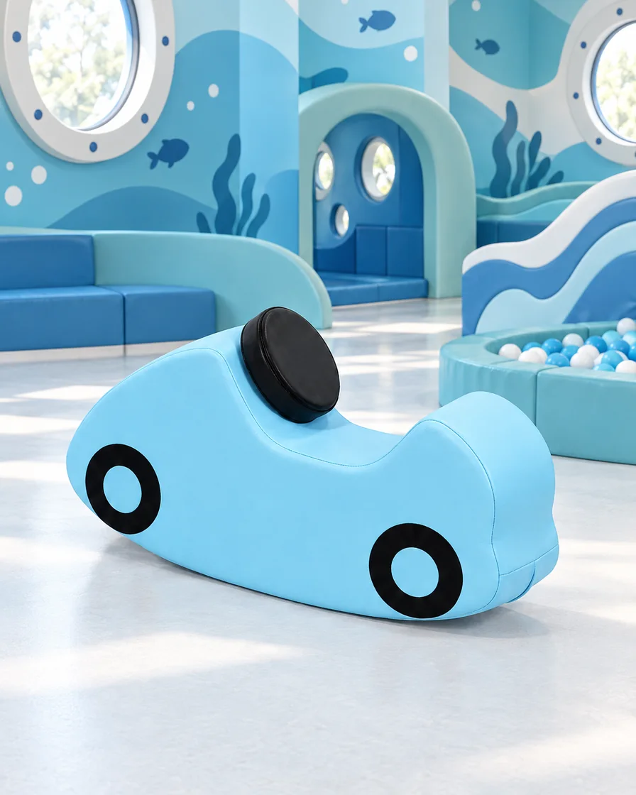 Sky Blue soft Play Rocking Car in a ocean theme indoor playground