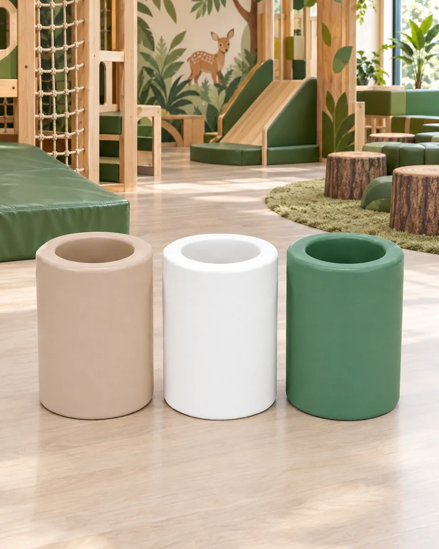 Beige, White & Green soft Play Rolling Barrel in a jungle theme indoor playground
