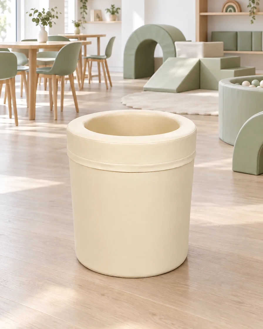 PlayCurator Soft Play Rolling Barrel — Cream 1 Cream soft Play Rolling Barrel in a Scandinavian soft play cafe indoor playground