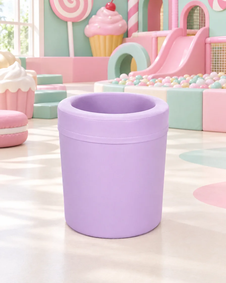 PlayCurator Soft Play Rolling Barrel — Lavender 1 Lavender soft Play Rolling Barrel in a candy theme indoor playground