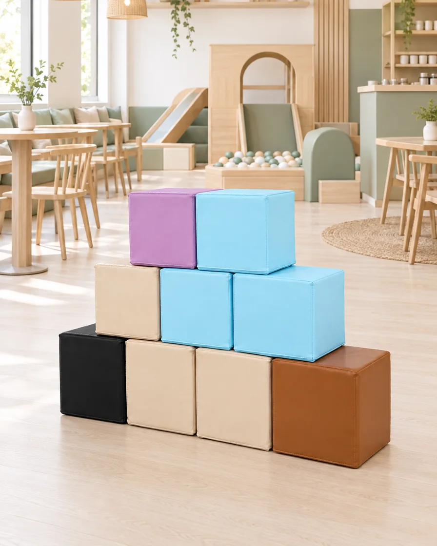 Earth & Sky Mix soft Play Stacking Block in a Scandinavian soft play cafe indoor playground