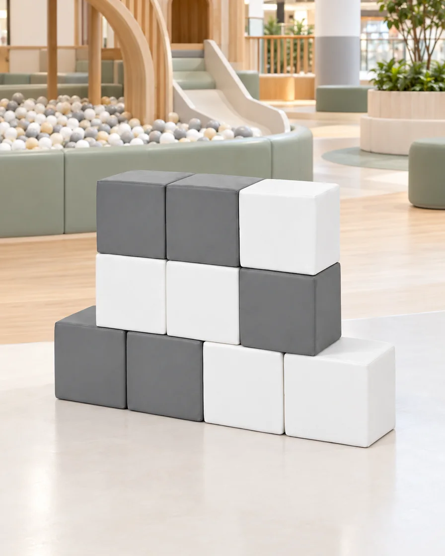PlayCurator Soft Play Stacking Block — Grey & White 1 Grey & White soft Play Stacking Block in a mall play zone indoor playground