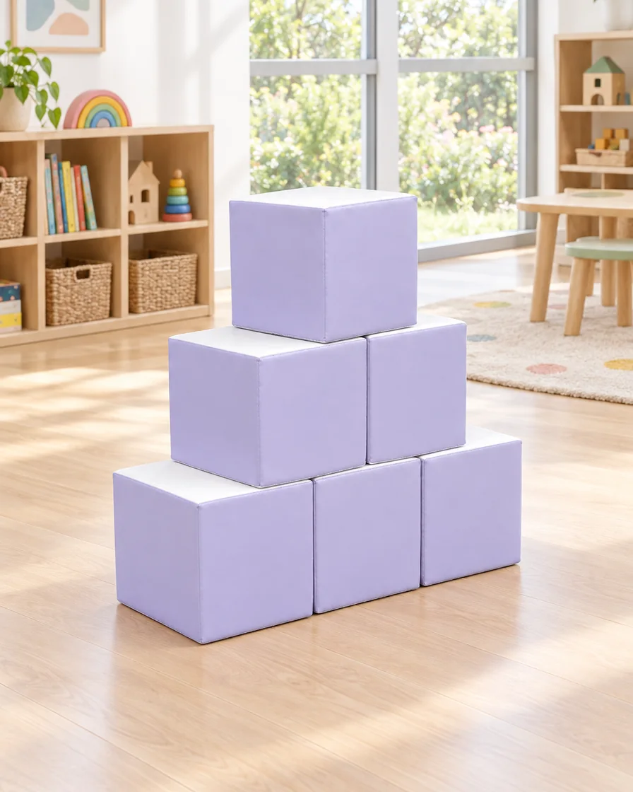PlayCurator Soft Play Stacking Block — Lavender 1 Soft Play Stacking Block Lavender in a kindergarten playroom indoor playground