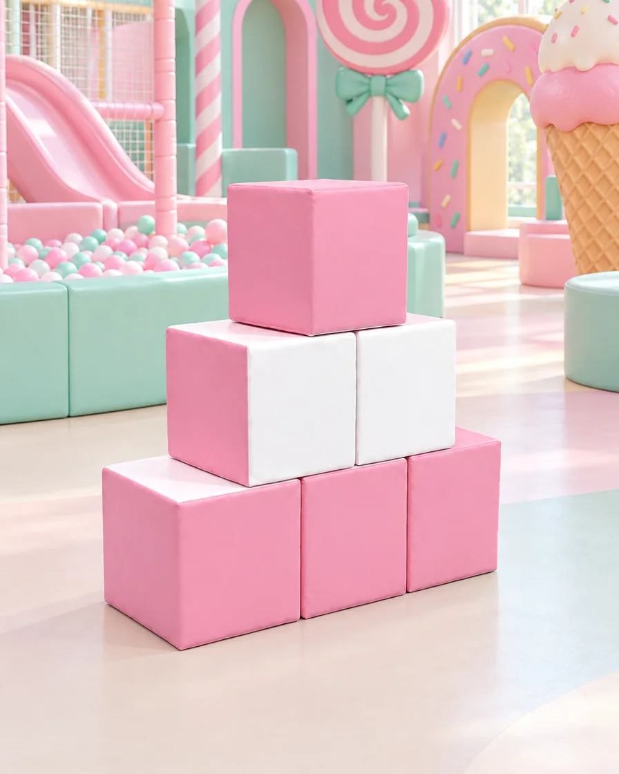 PlayCurator Soft Play Stacking Block — Pink & White 1 Pink & White soft Play Stacking Block in a candy theme indoor playground