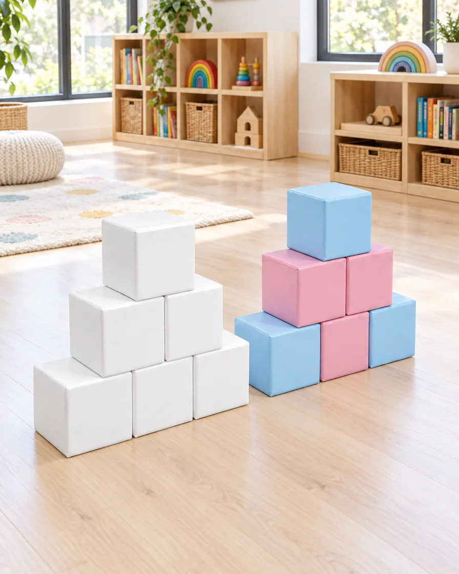 PlayCurator Soft Play Stacking Block — White, Pink & Blue 1 White, Pink & Blue soft Play Stacking Block in a kindergarten playroom indoor playground