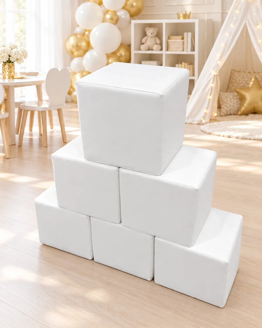 White soft Play Stacking Block in a kids party room indoor playground