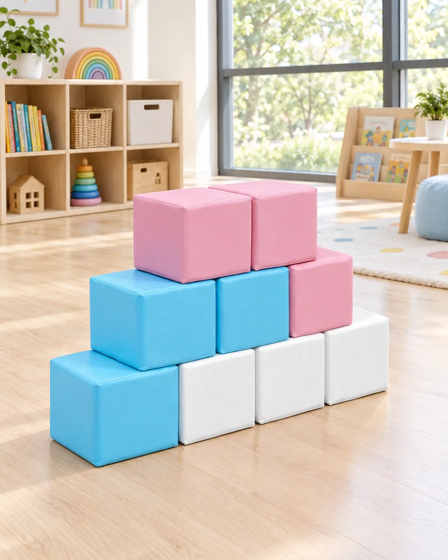 PlayCurator Soft Play Stair Block Set — Pastel 1 Soft Play Stair Block Set Pastel in a kindergarten playroom indoor playground