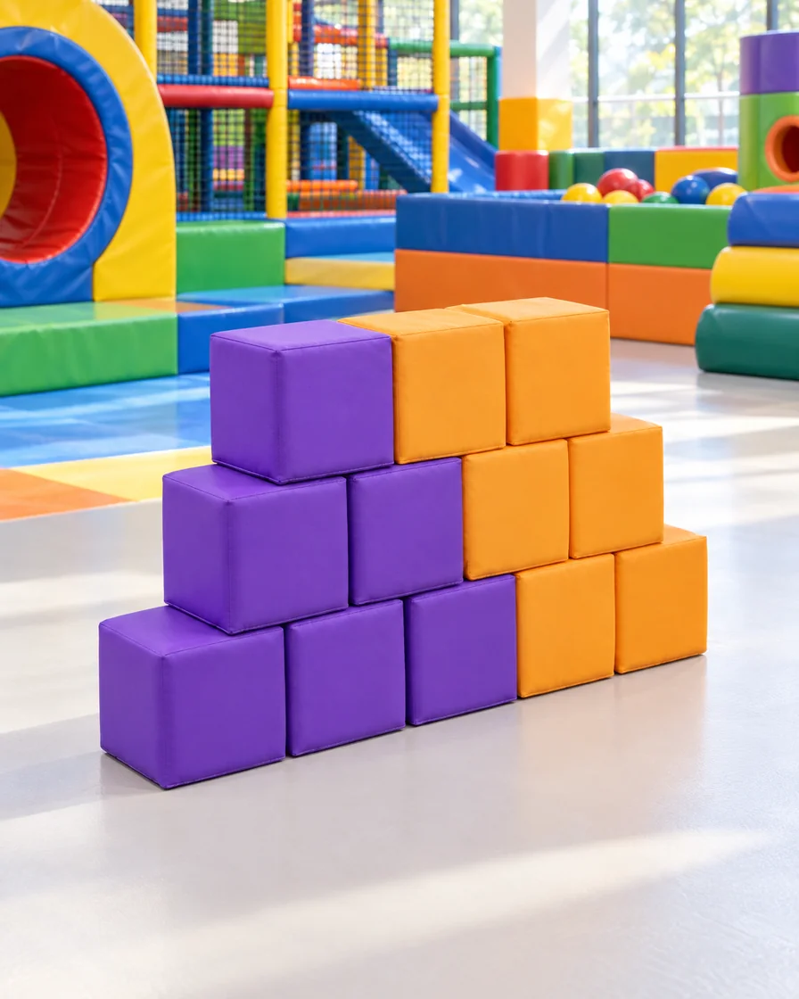 Soft Play Stair Block Set Purple & Orange in a family entertainment center indoor playground