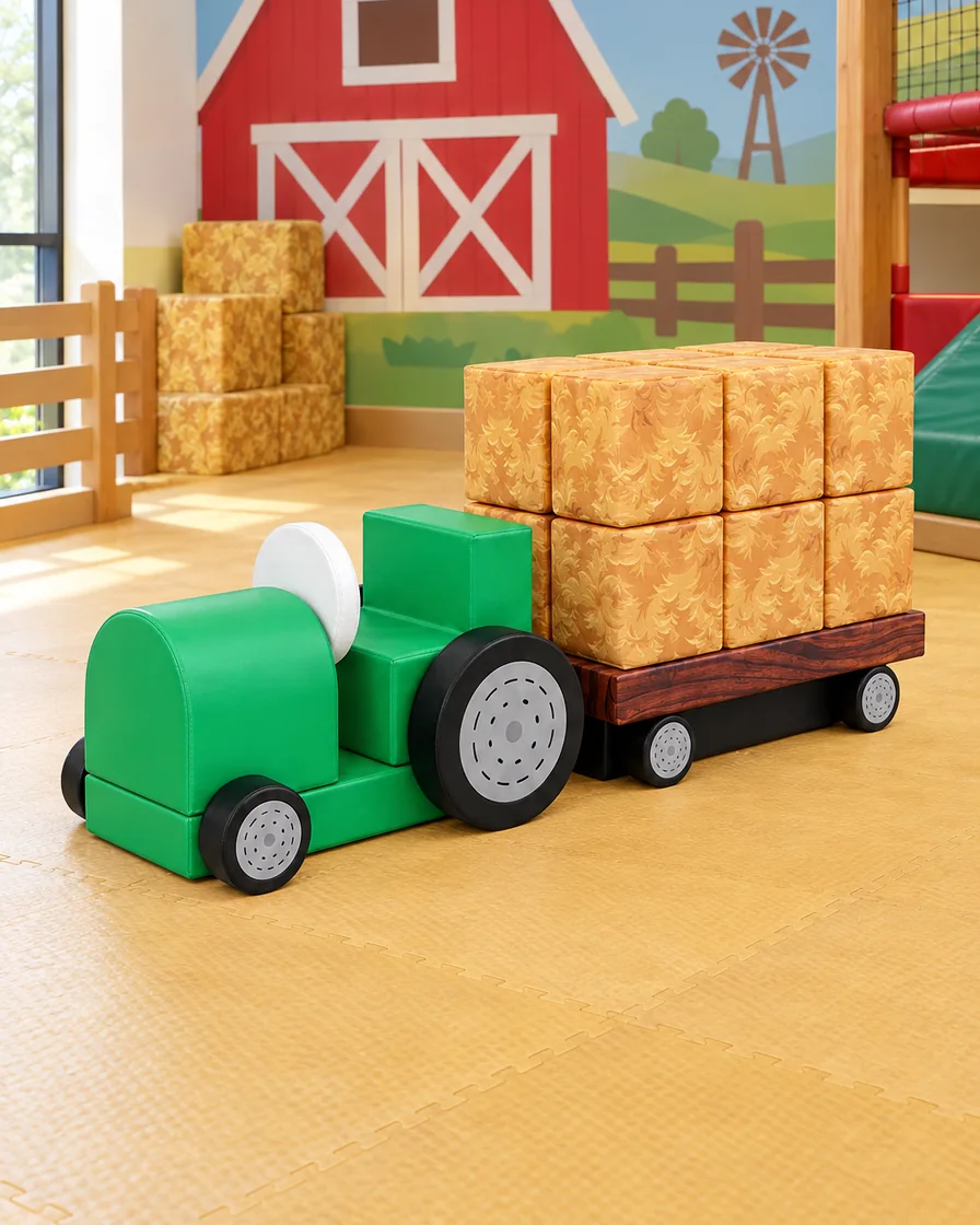 PlayCurator Soft Play Tractor & Trailer Set — Green 1 Green soft Play Tractor & Trailer Set in a farm theme corner indoor playground