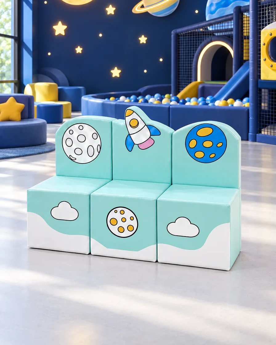 Aqua space Soft Play Bench in a space theme indoor playground