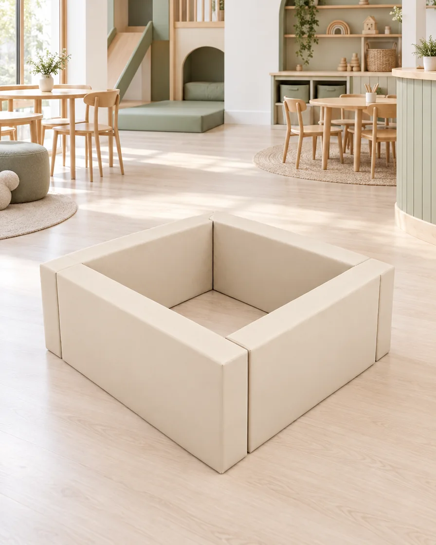 PlayCurator Square Soft Play Ball Pit — Beige 1 Beige square Soft Play Ball Pit in a Scandinavian soft play cafe indoor playground
