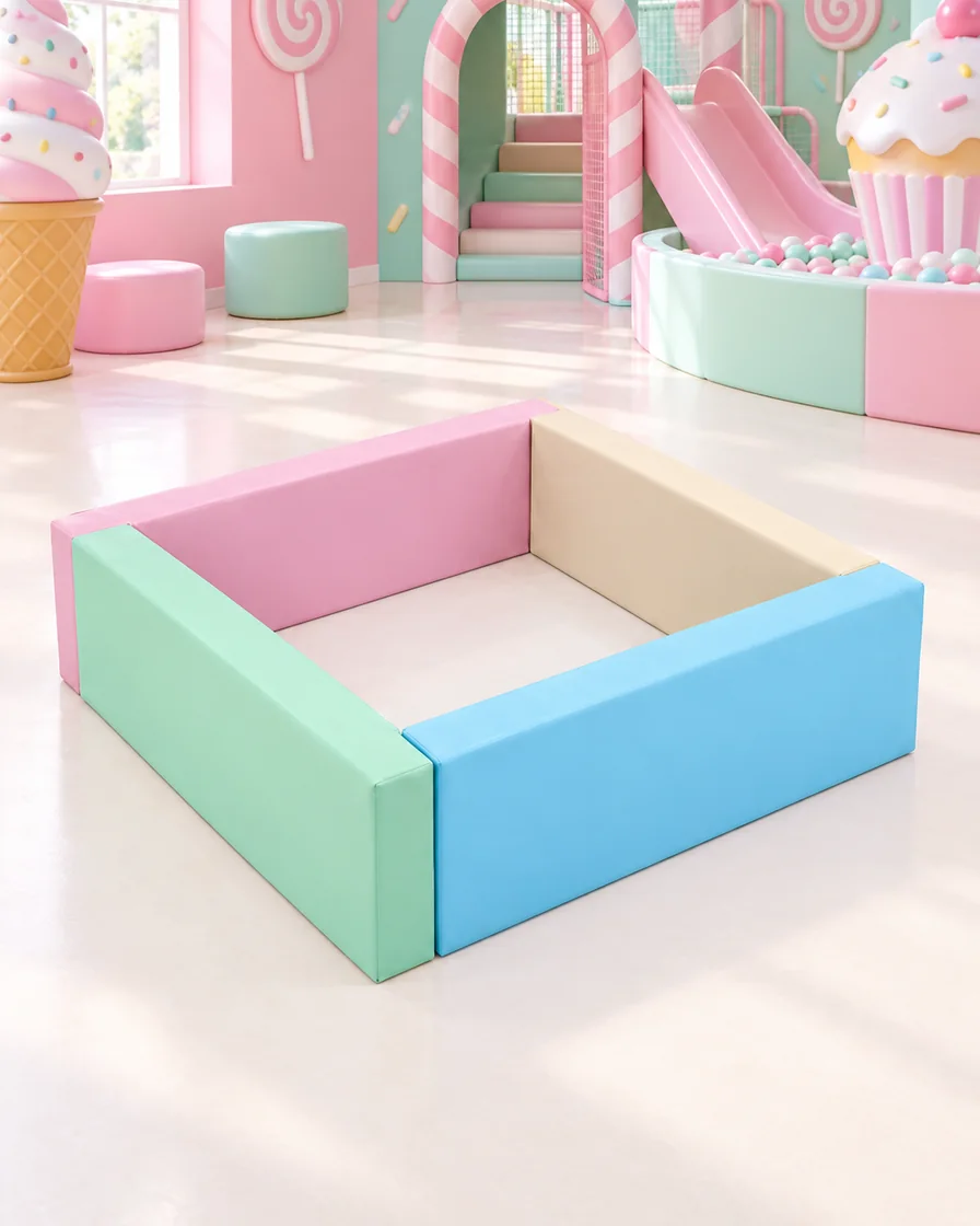 PlayCurator Square Soft Play Ball Pit — Pastel 1 Pastel square Soft Play Ball Pit in a candy theme indoor playground