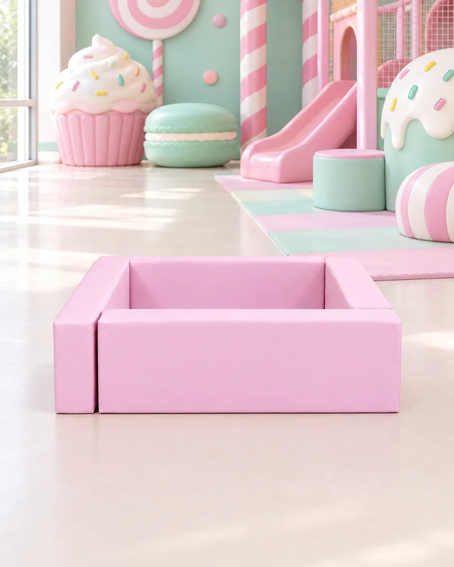 Pink square Soft Play Ball Pit in a candy theme indoor playground