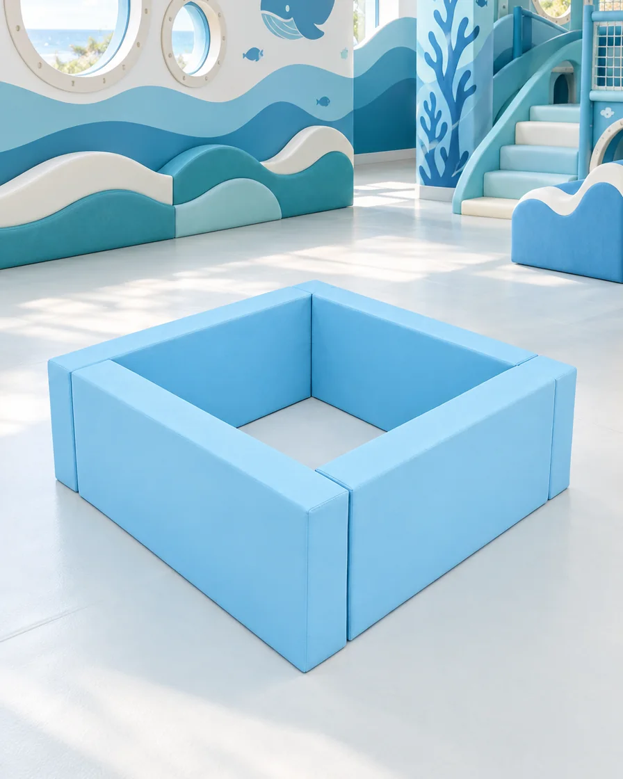 PlayCurator Square Soft Play Ball Pit — Sky Blue 1 Sky Blue square Soft Play Ball Pit in a ocean theme indoor playground