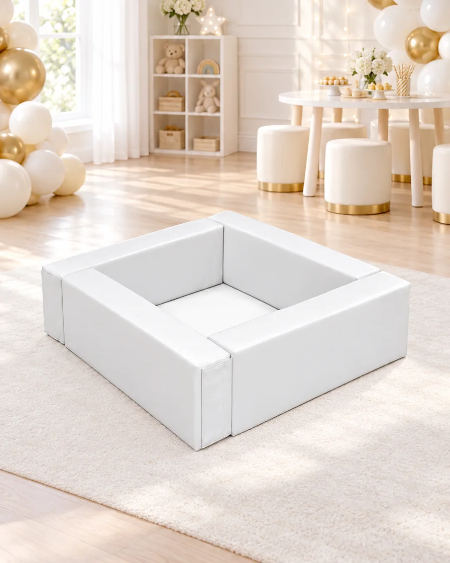 PlayCurator Square Soft Play Ball Pit — White 1 White square Soft Play Ball Pit in a kids party room indoor playground