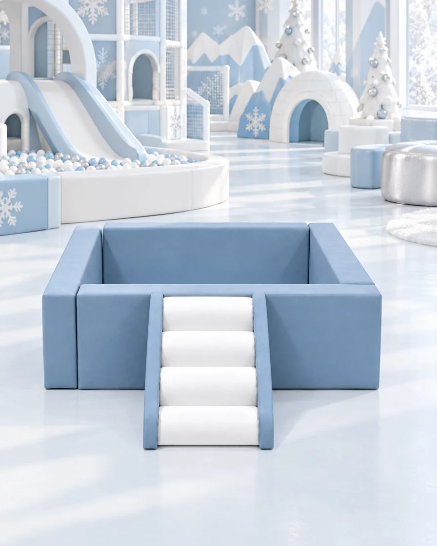 PlayCurator Square Soft Play Ball Pit with Roller Steps & Ramp — Dusty Blue 1 Dusty Blue square Soft Play Ball Pit with Roller Steps & Ramp in a ice and snow theme indoor playground