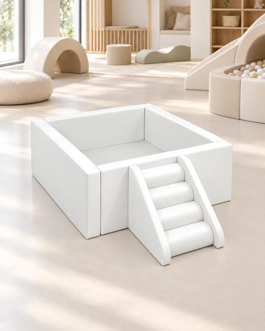 White square Soft Play Ball Pit with Roller Steps in a soft play center indoor playground