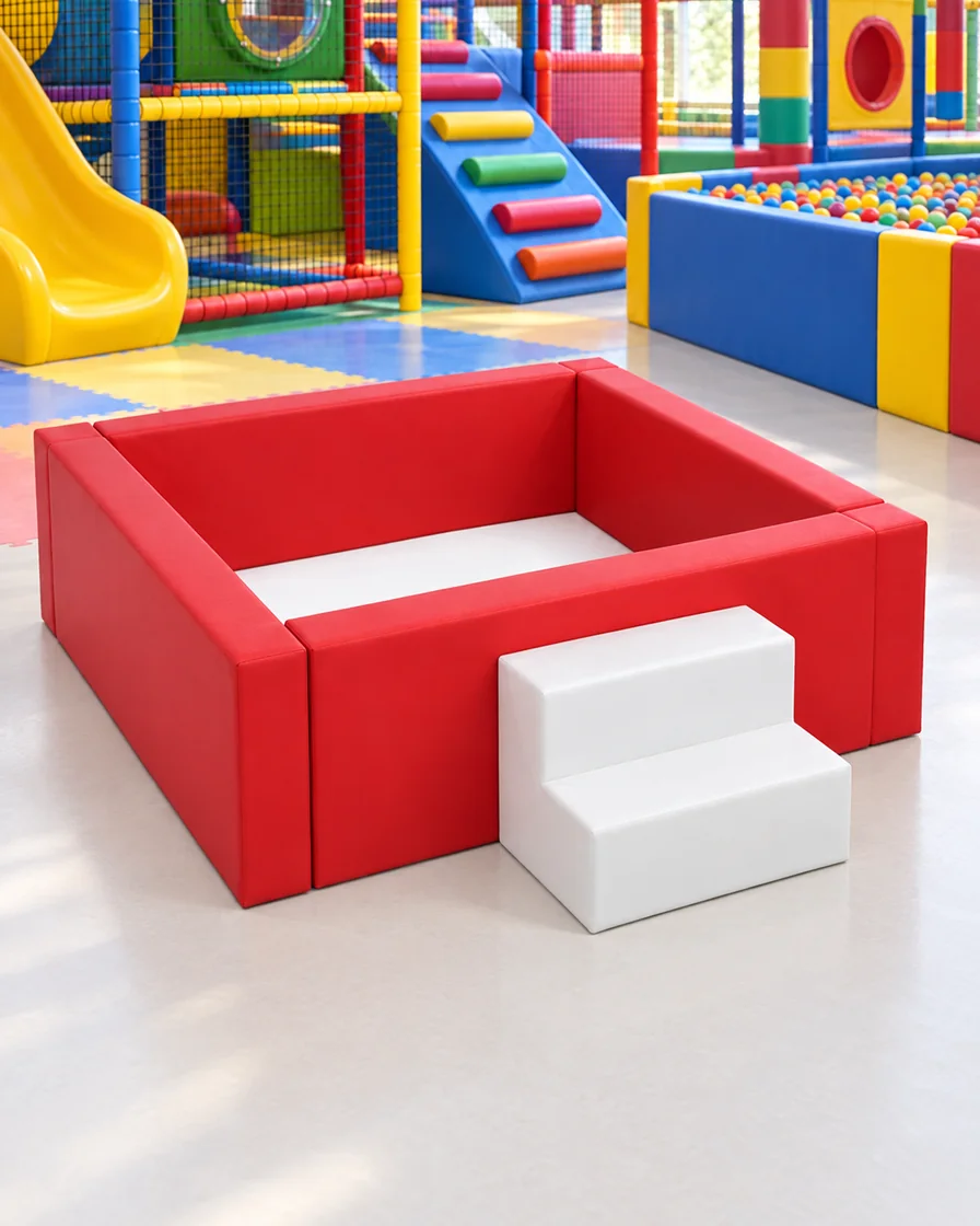 Red & White square Soft Play Ball Pit with Step in a family entertainment center indoor playground