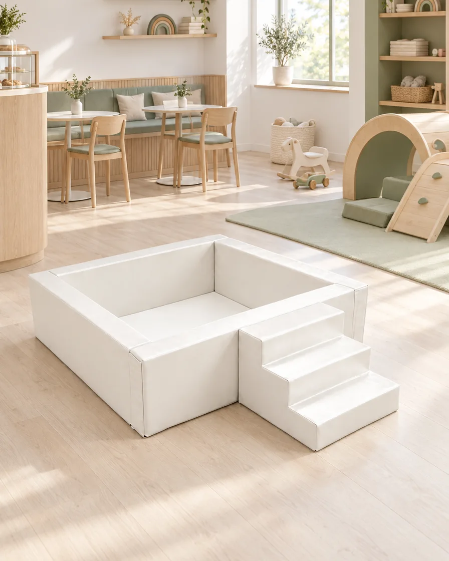 Ivory square Soft Play Ball Pit with Steps in a Scandinavian soft play cafe indoor playground
