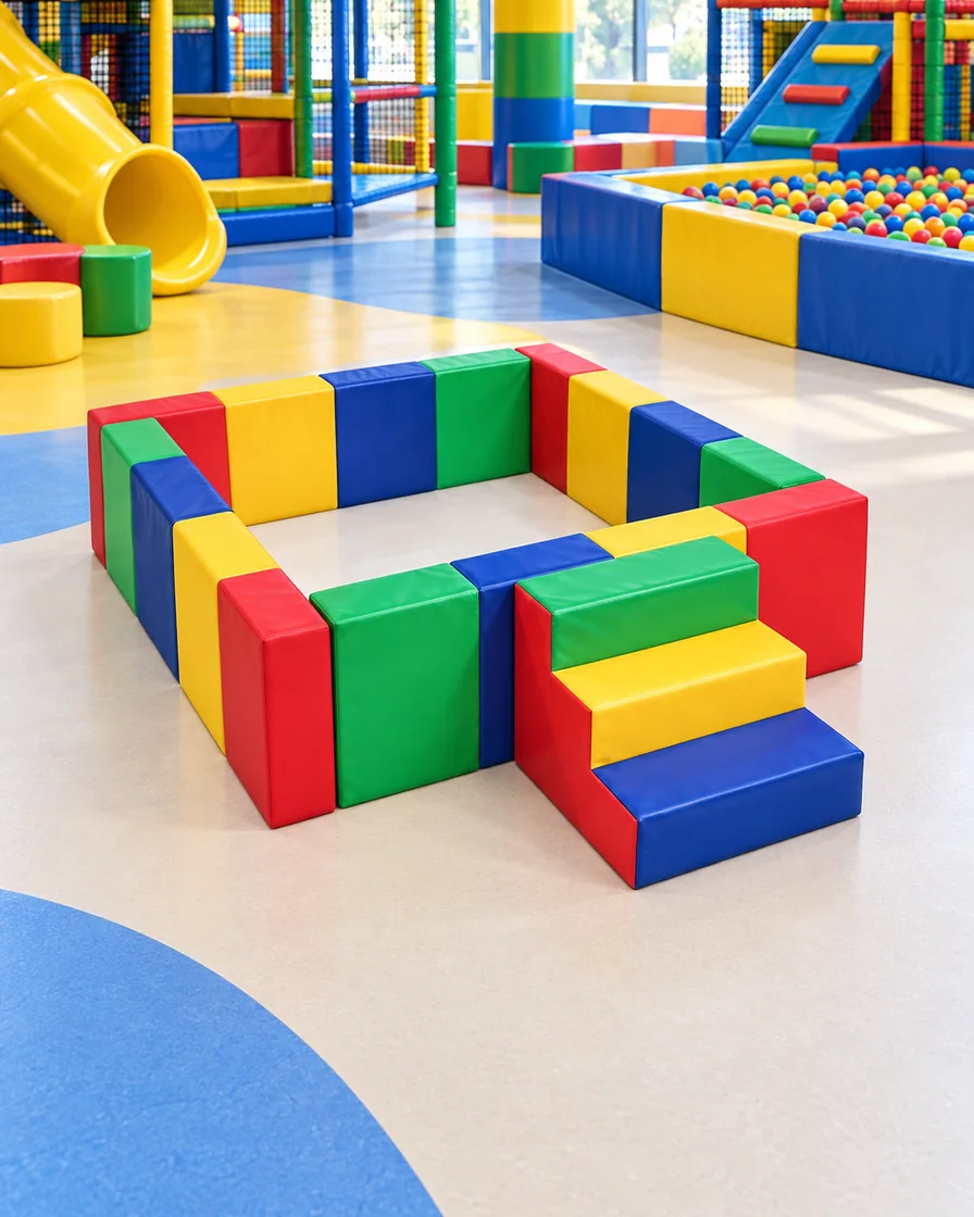 PlayCurator Square Soft Play Ball Pit with Steps — Rainbow 1 Rainbow square Soft Play Ball Pit with Steps in a family entertainment center indoor playground