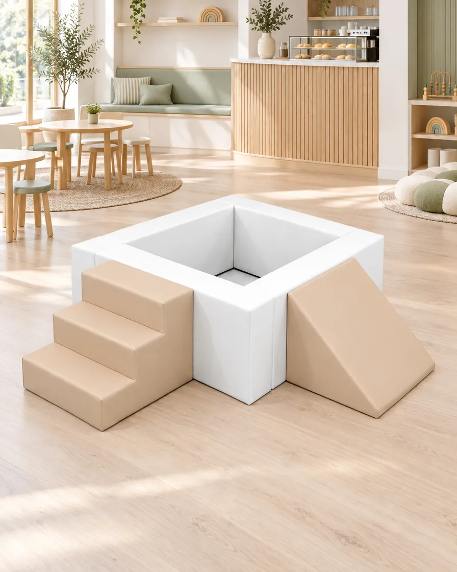 PlayCurator Square Soft Play Ball Pit with Steps & Ramps — White & Beige 1 White & Beige square Soft Play Ball Pit with Steps & Ramps in a Scandinavian soft play cafe indoor playground