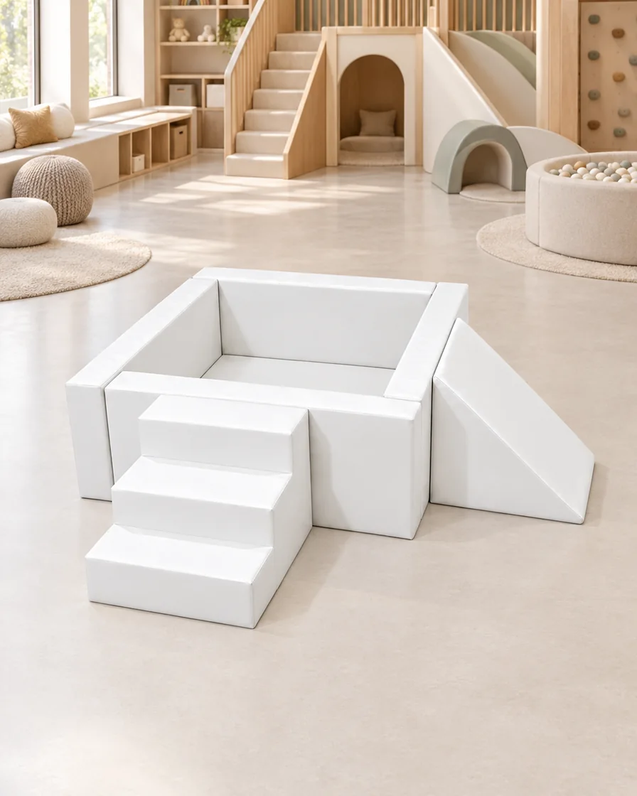 PlayCurator Square Soft Play Ball Pit with Steps & Ramps — White 1 White square Soft Play Ball Pit with Steps & Ramps in a soft play center indoor playground