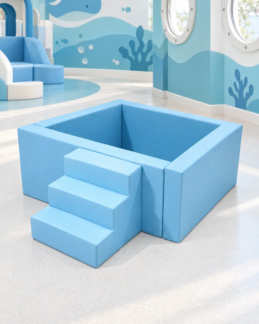 PlayCurator Square Soft Play Ball Pit with Steps — Sky Blue 1 Sky Blue square Soft Play Ball Pit with Steps in a ocean theme indoor playground