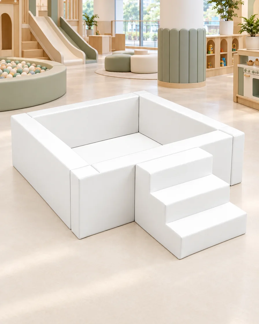 White square Soft Play Ball Pit with Steps in a mall play zone indoor playground