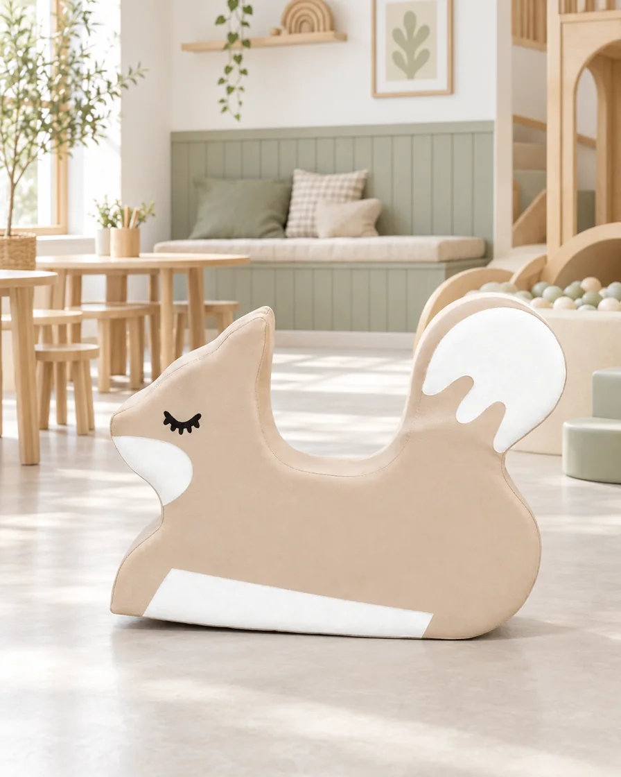 PlayCurator Squirrel Soft Play Rocker — Beige 1 Beige squirrel Soft Play Rocker in a Scandinavian soft play cafe indoor playground