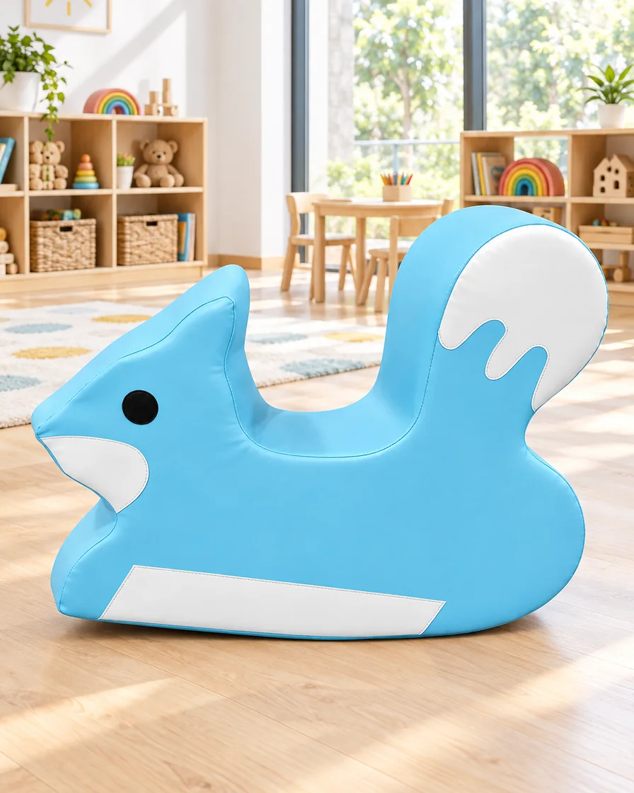 PlayCurator Squirrel Soft Play Rocker — Blue 1 Squirrel Soft Play Rocker Blue in a kindergarten playroom indoor playground