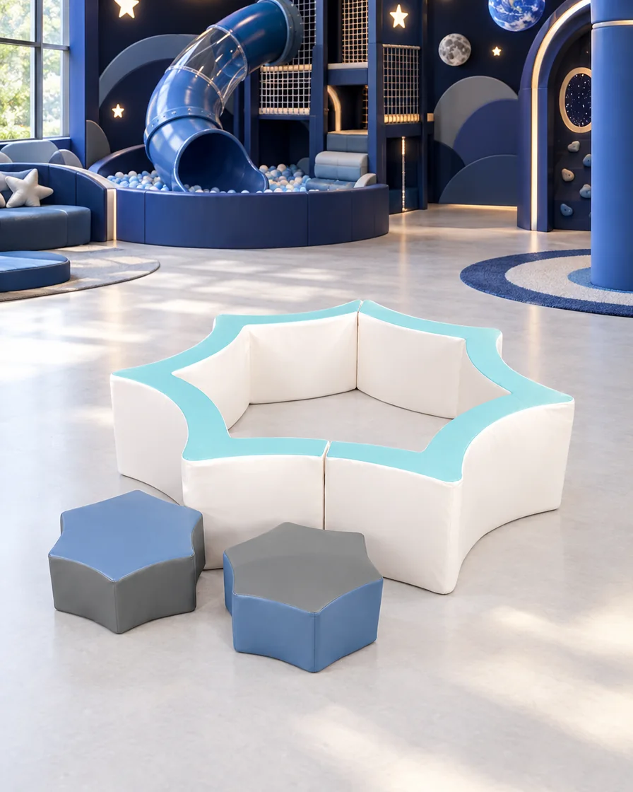 White & Aqua star Soft Play Ball Pit with Steps in a space theme indoor playground